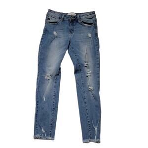Kancan Augustina Mid Rise Ankle Skinny Jeans Distressed Frayed Hem Utility- 7/27